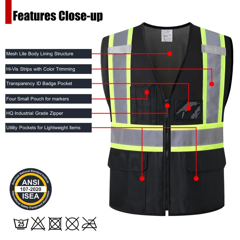 HATAUNKI Reflective Safety Vest for Men Women with Multi-Function Pockets and Front Zipper High Visibility Mesh Vest,Meets ANSI/ISEA Standards(Black-33,Large) - Image 3